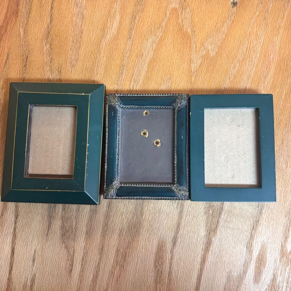 Vintage Style‎ Green Miniature Photo Frame Set Ornate Gold Detail Tabletop 3pc